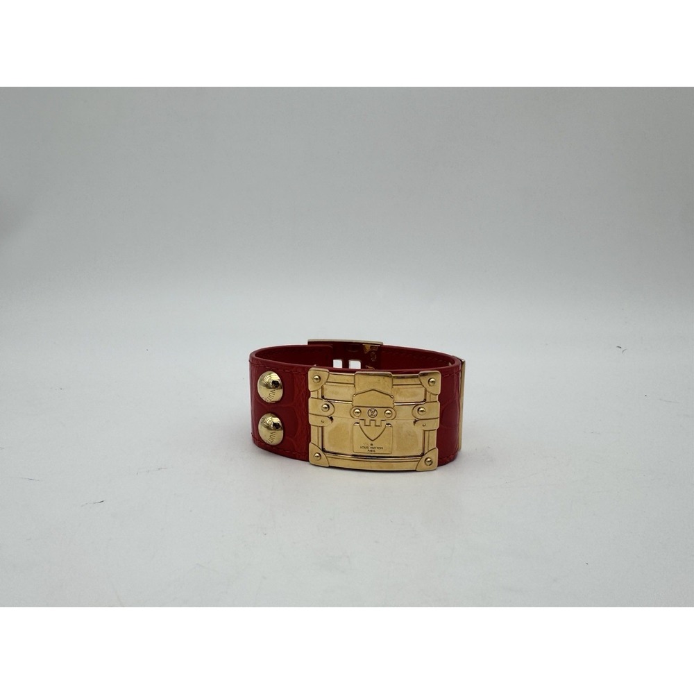 Authentic Louis Vuitton So LV Red Crocodile & Gold-Tone Metal Wide Cuff Bracelet